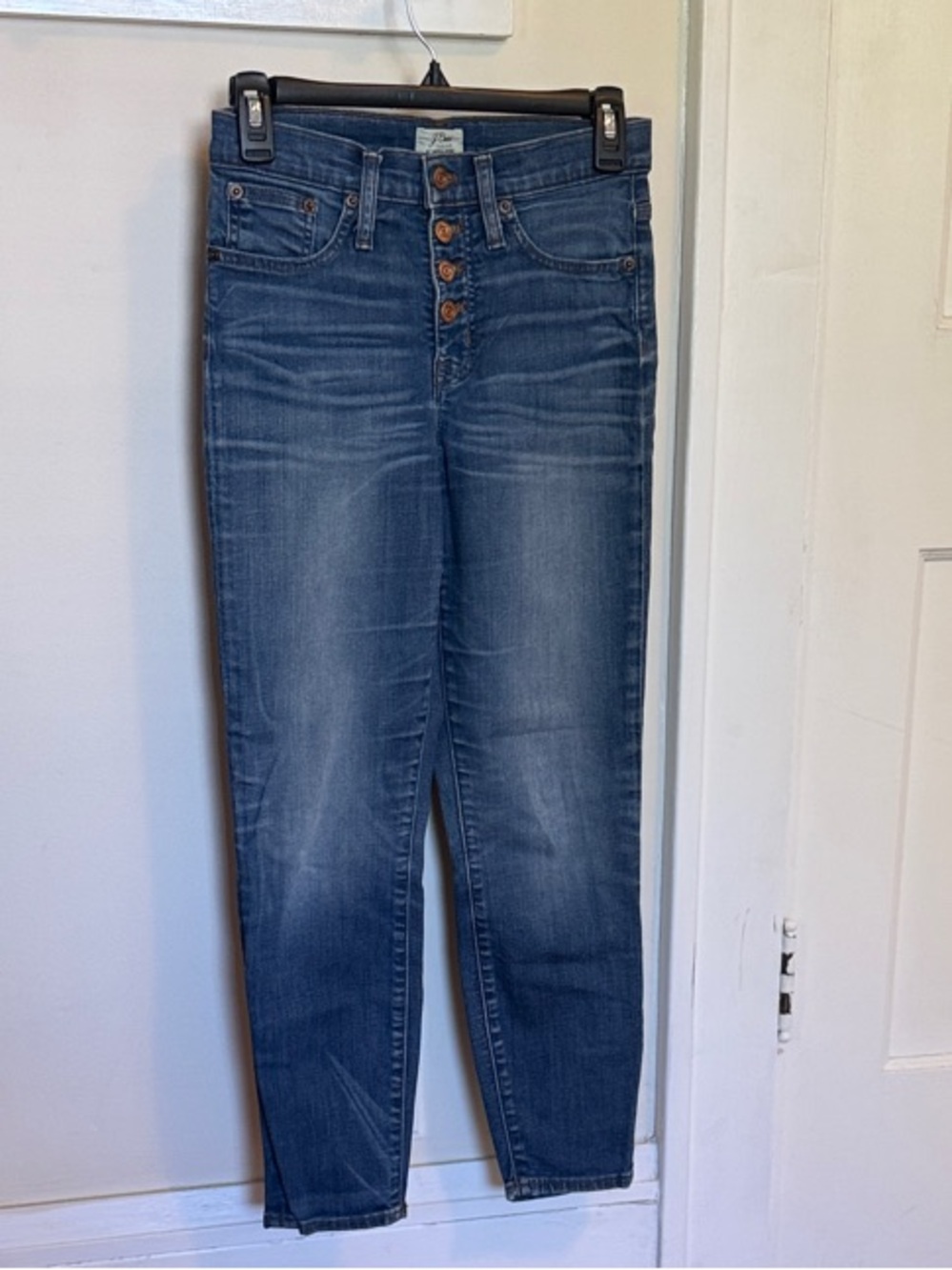 J. Crew High-Rise Button-Fly Toothpick Leg Jeans in Medium Blue Wash